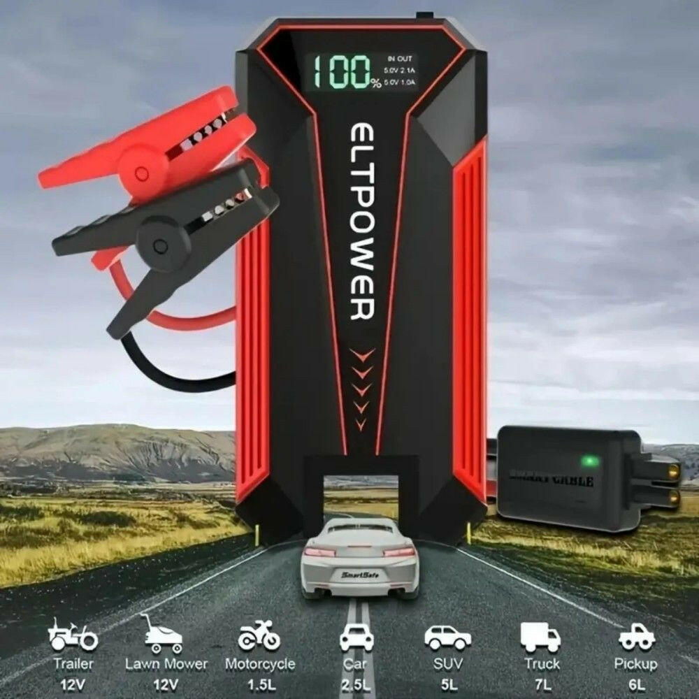 20000mAh Car Battery Jump Starter with Dual USB Quick Charge and LED Light Red.