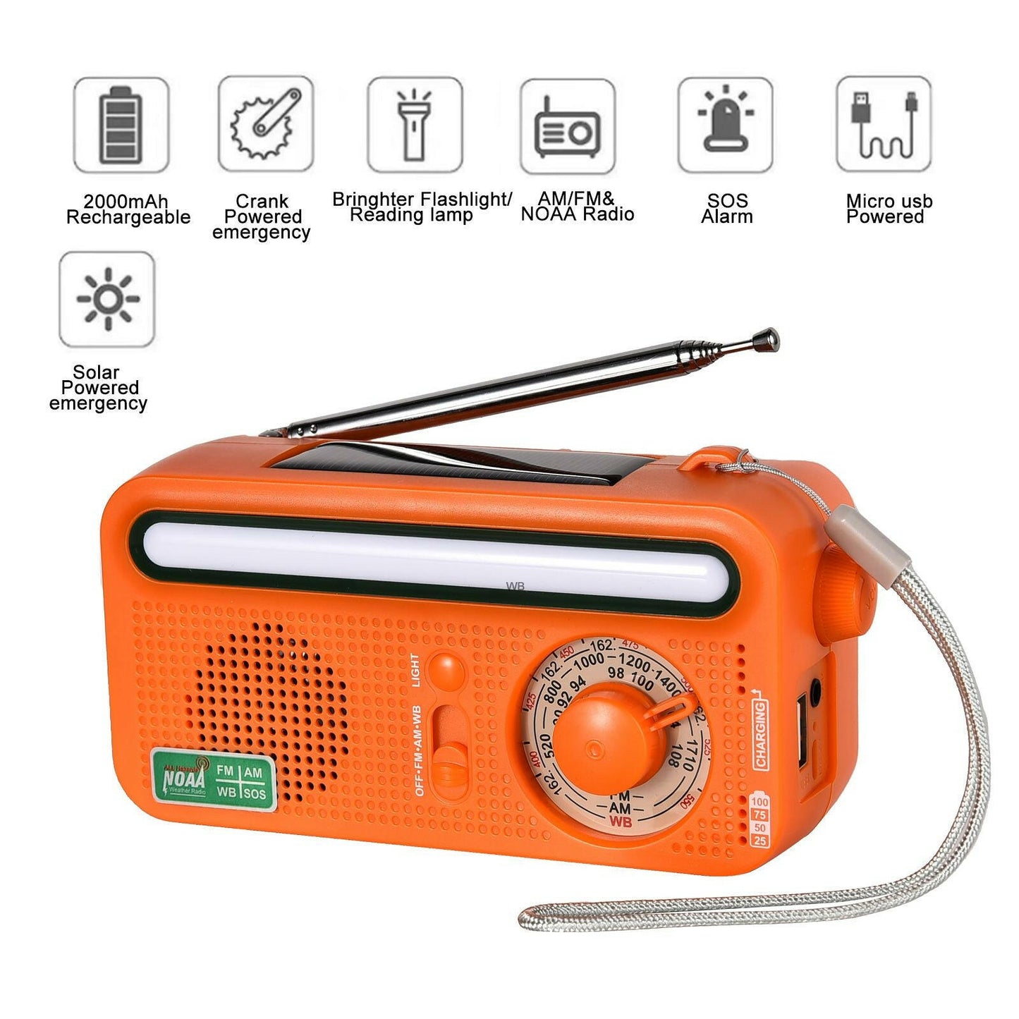 Emergency Radio Hand Crank Solar; Portable Weather Radio With AM/FM/WB/NOAA; Bright Flashlight; SOS Alarm; Reading Lamp; 2000mAh Cell Phone Charger For Outdoor Survival Camping Home