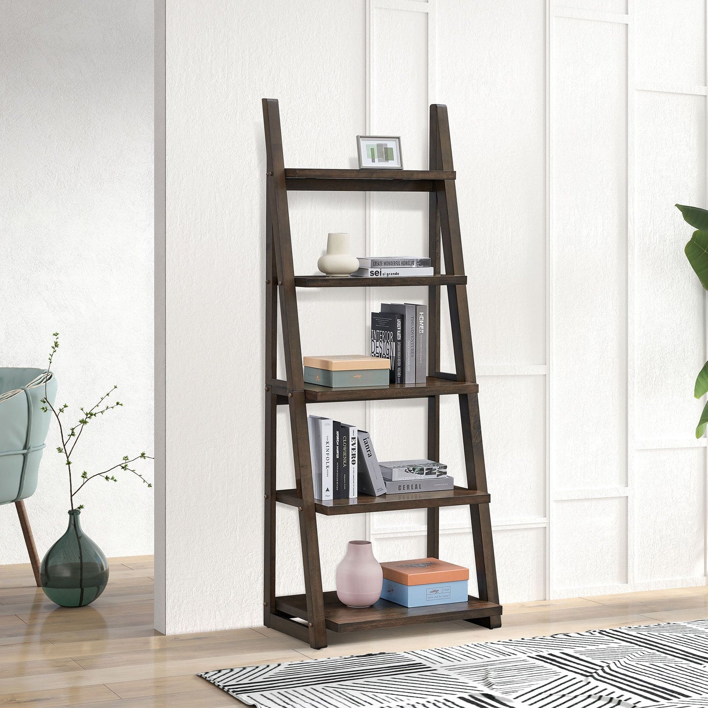 5-Tier Shelves,Bookshelf, Storage Rack, Bookcase with Rubber Wood Frame, Ladder Shelf for Living Room, Home Office, Kitchen, Bedroom, Apartment ,Rustic Brown