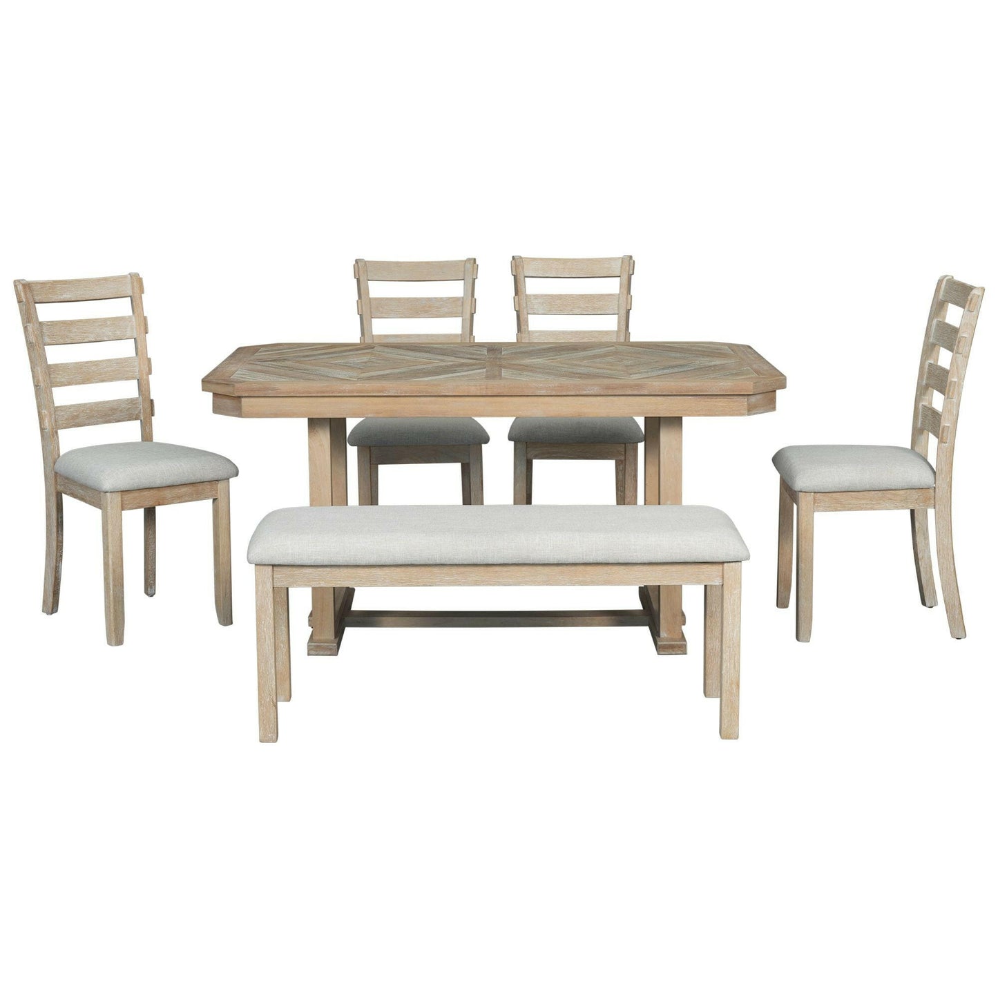 TREXM 6-Piece Rubber Wood Dining Table Set with Beautiful Wood Grain Pattern Tabletop Solid Wood Veneer and Soft Cushion (Natural Wood Wash).