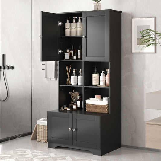 Bathroom Freestanding Cabinet with 4 Doors, Open multi-layer Shelves, Black