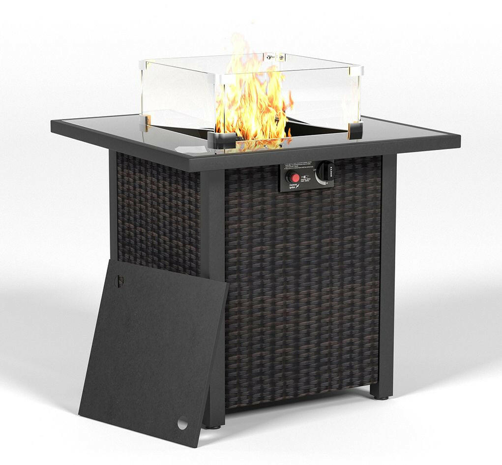 28 Inch Propane Fire Pit Table, Rattan & Wicker-Look, 50000 BTU Gas Firepits Tempered Glass Tabletop with Glass Windscreen Protector for Outside Patio and Garden(Brown).