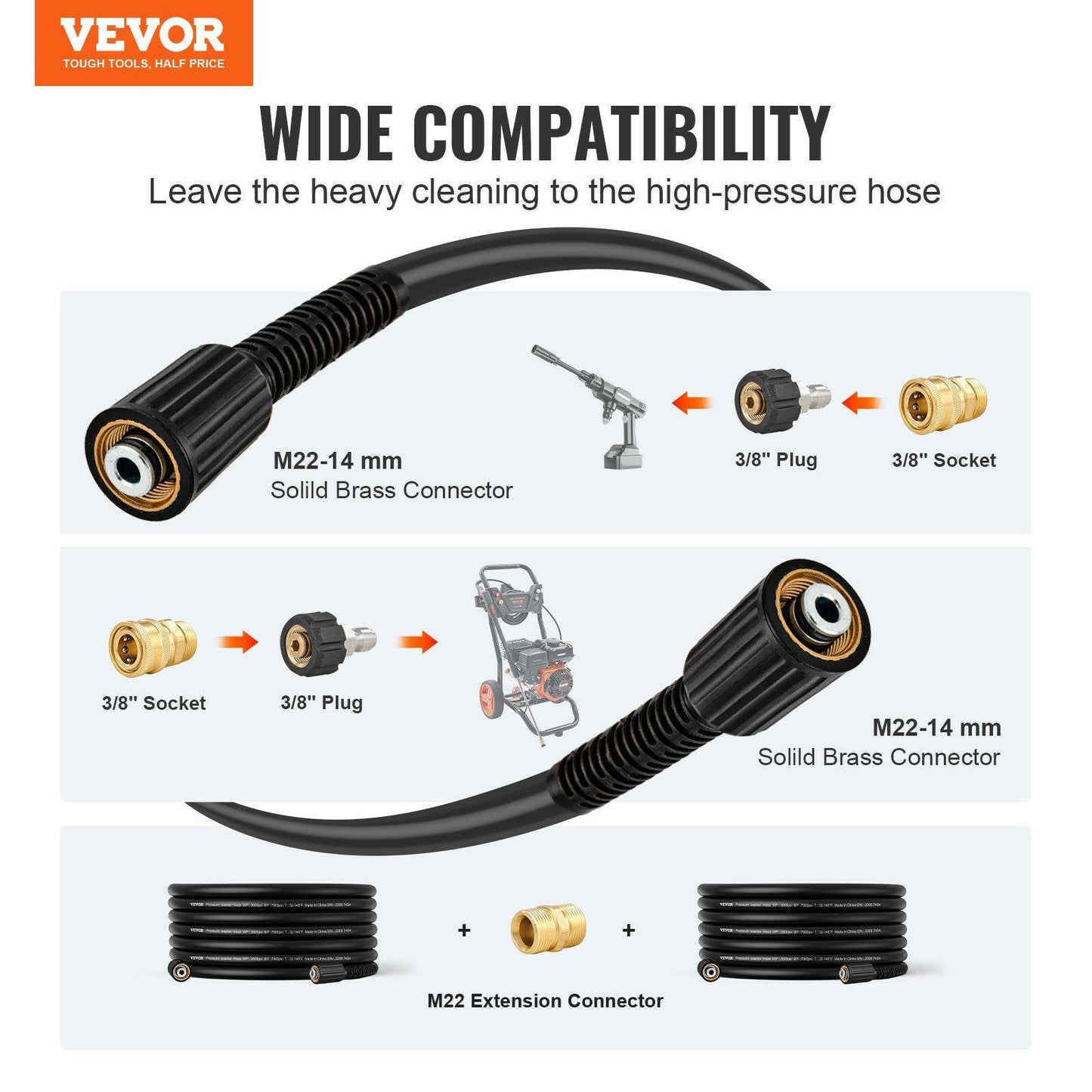 VEVOR Pressure Washer Hose, 50 FT, 1/4" Kink Free M22-14mm Brass Thread Replacement For Most Brand Pressure Washers, 3/4'' Bending Radius, 3600 PSI Heavy Duty Power Washer Extension Replacement Hose.