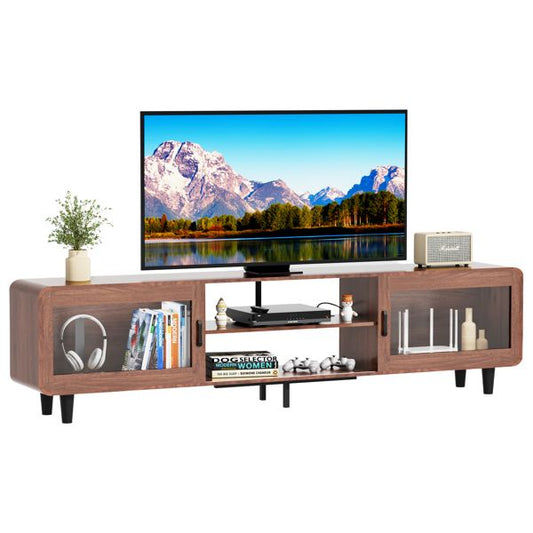 TV Stand for 55/60/65/70", Wood Entertainment Center with Power Outlets, Media Console with Sliding Doors and Open Shelf for Living Room, Walnut