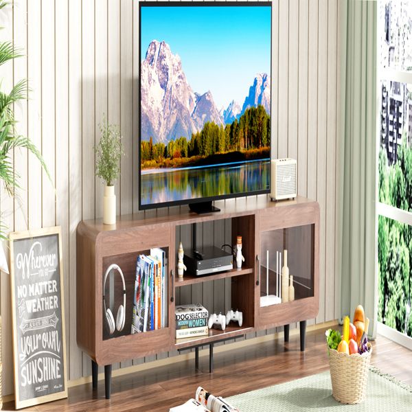 TV Stand for 55/60/65/70", Wood Entertainment Center with Power Outlets, Media Console with Sliding Doors and Open Shelf for Living Room, Walnut