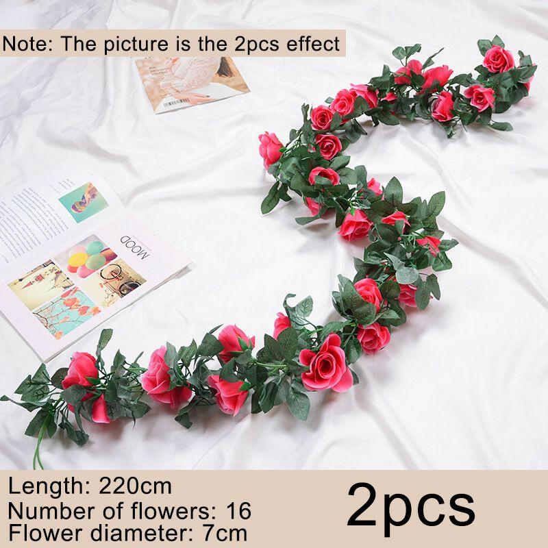 2pcs Fake Rose Vine Flowers Garland Plant Artificial Flower Wall Hanging Flower Rattan Fake Plant Leaf Wedding Home Garden Decor.