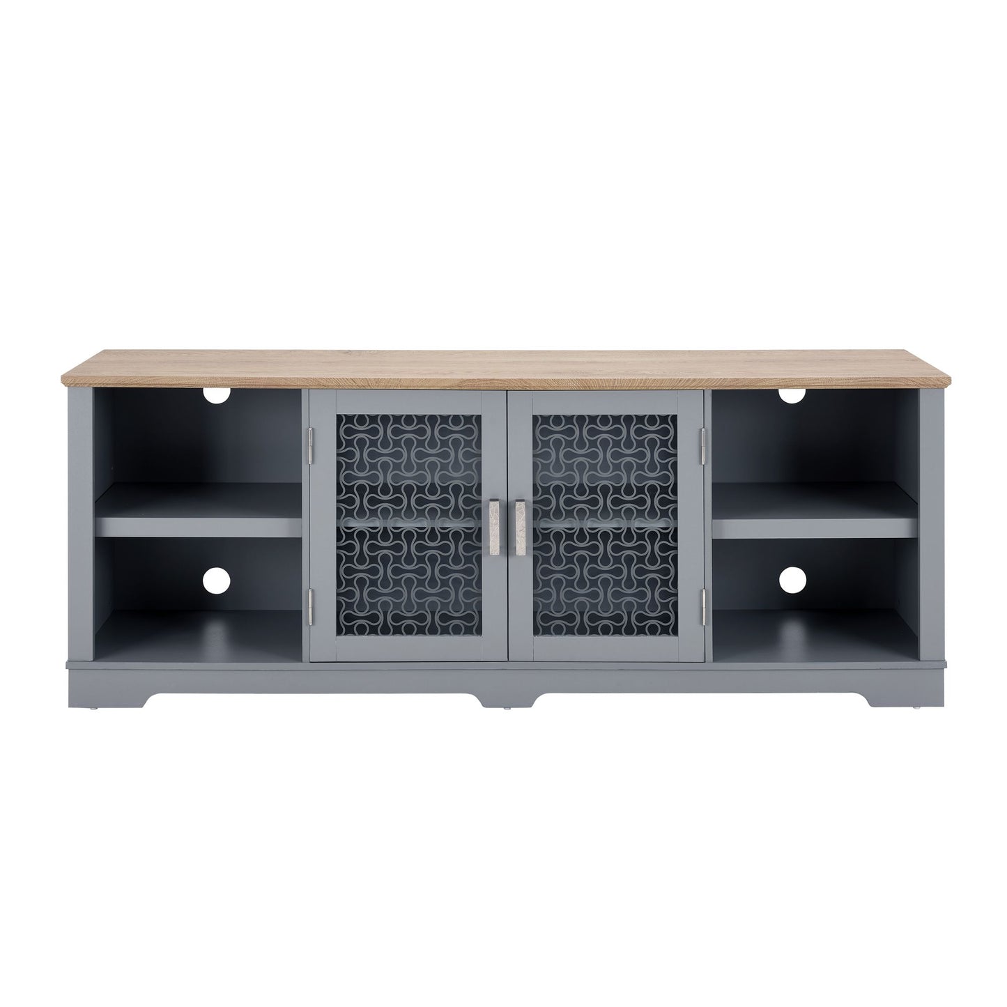 Modern Farmhouse Home Entertainment Console, for TV Up to 80'', with Open Shelves and Glass Door Cabinets, Light Blue and Light Oak, 70"W*15.55"D*26.85"H