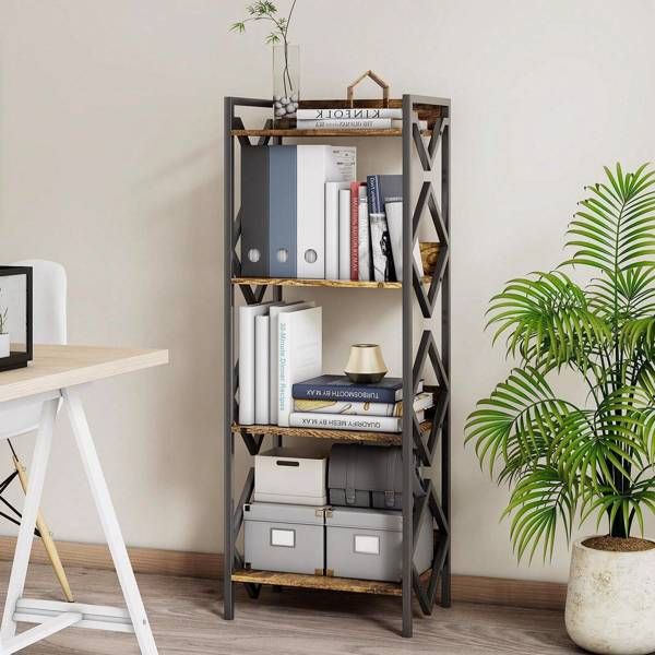 4 Tier Bookshelf For Small Space, Small Metal Bookshelf For Books, Organizers And Storage, Rustic Bookshelf, Table