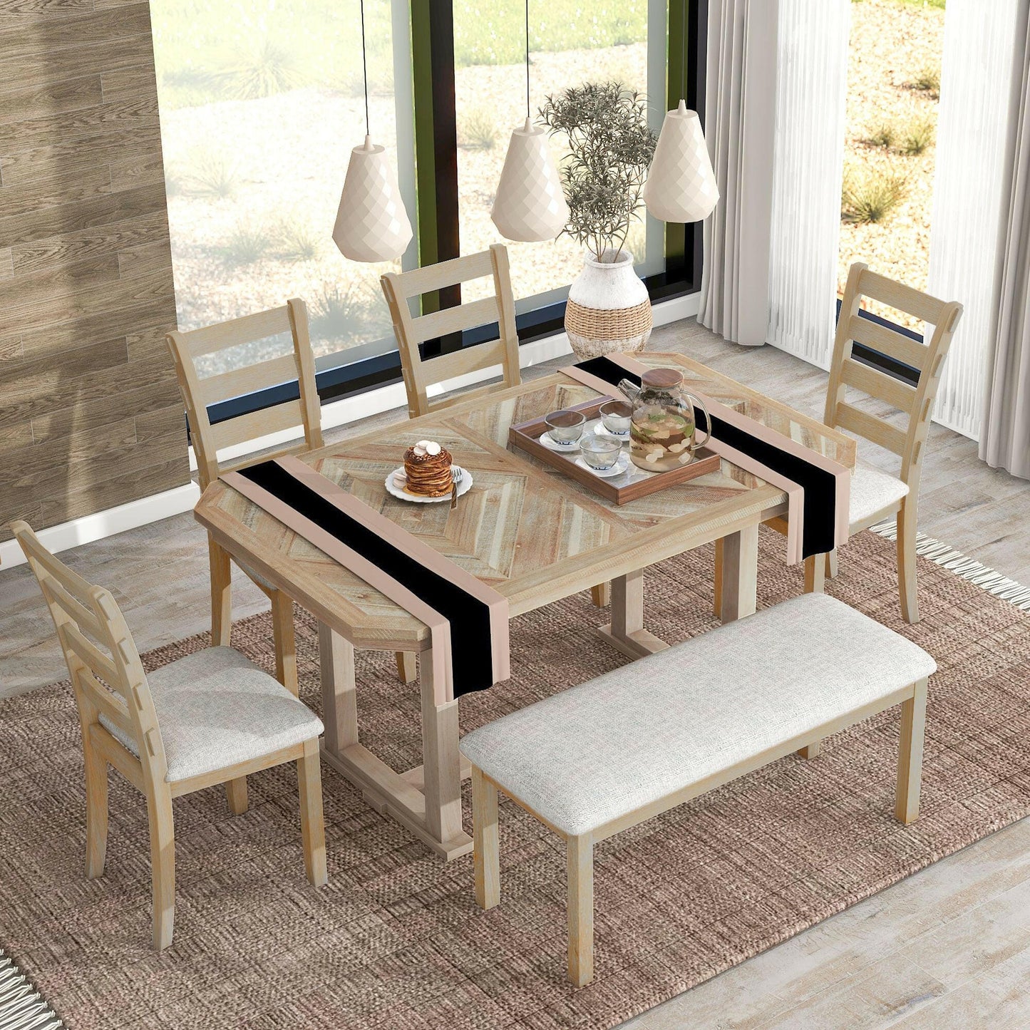 TREXM 6-Piece Rubber Wood Dining Table Set with Beautiful Wood Grain Pattern Tabletop Solid Wood Veneer and Soft Cushion (Natural Wood Wash).