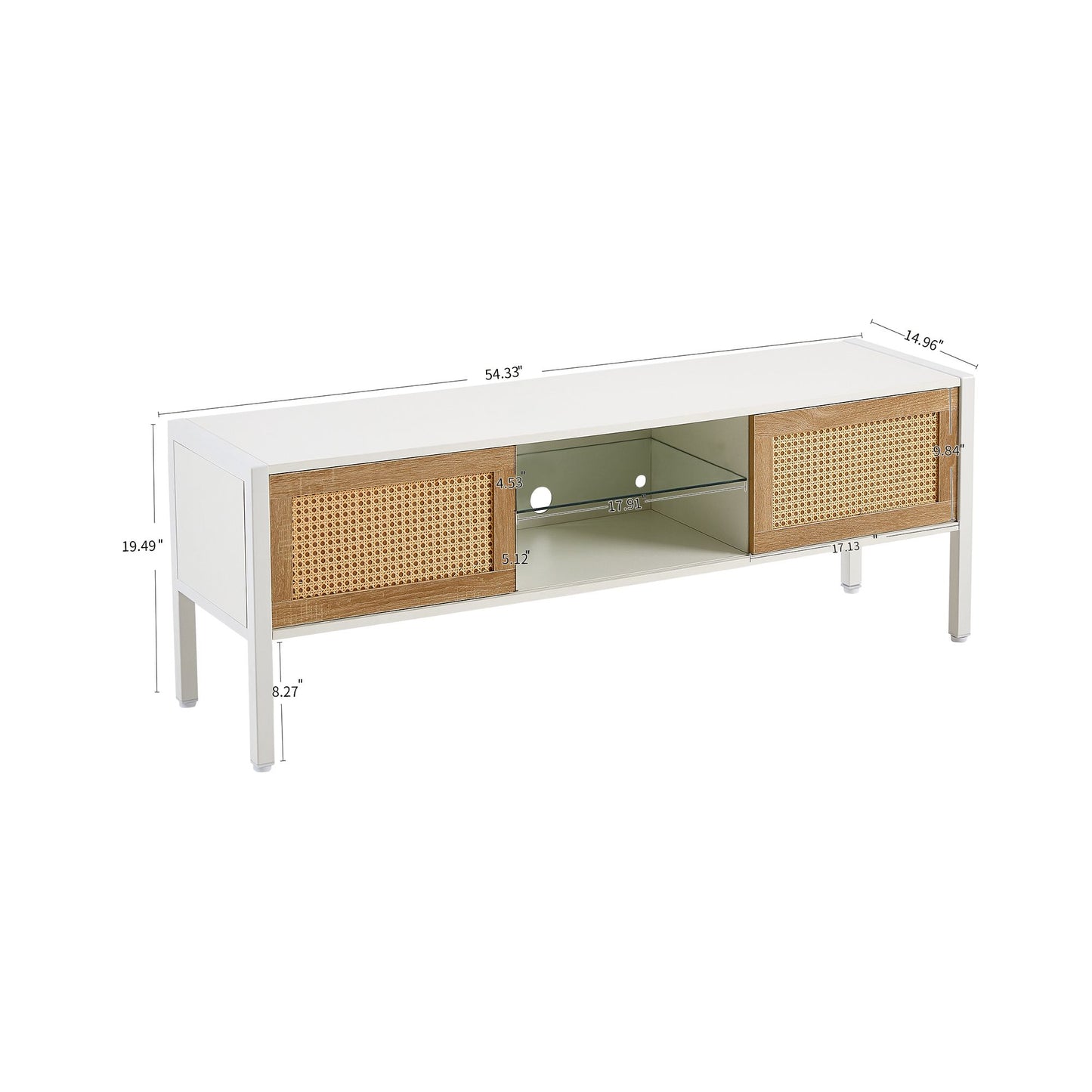 54.33" Rattan TV cabinet with variable color light strip, double sliding doors for storage, adjustable shelf,white