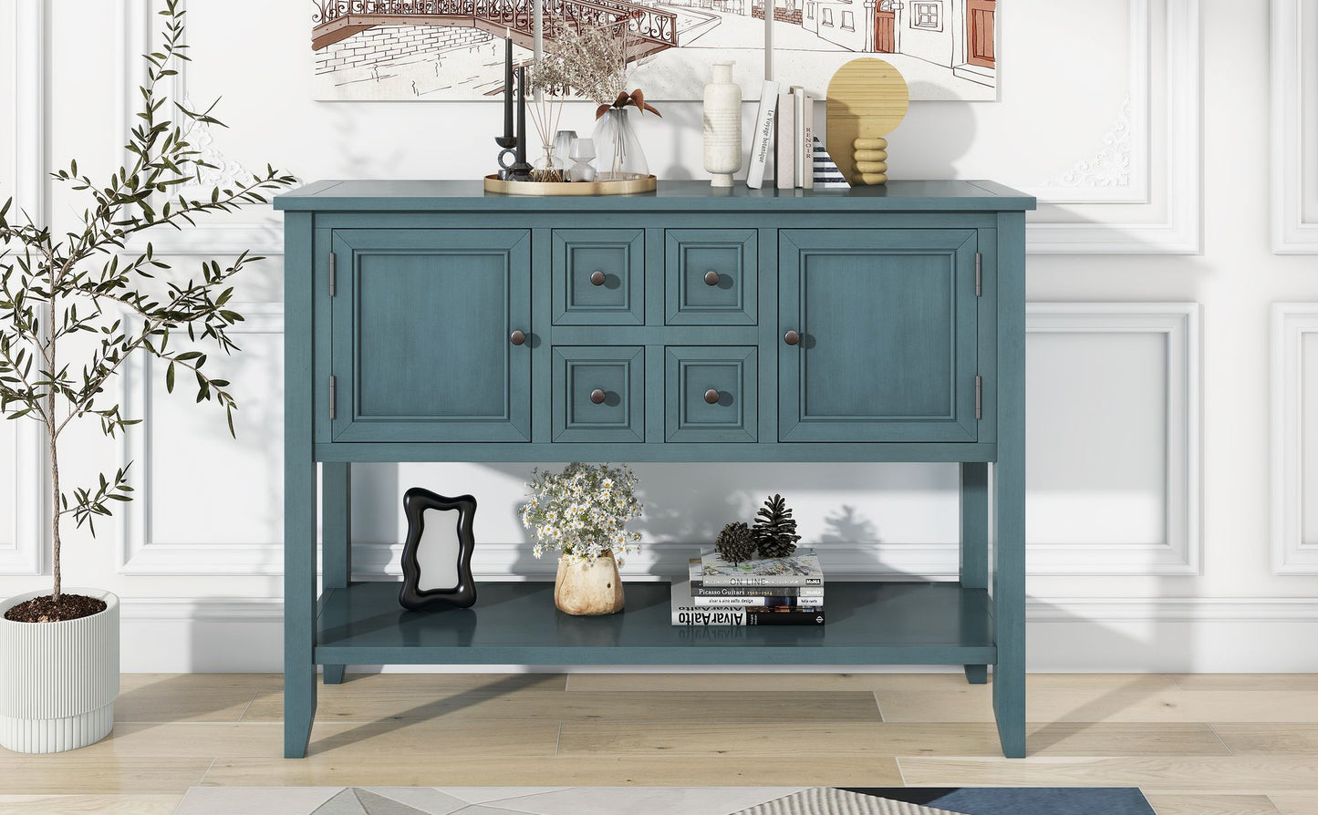 TREXM Cambridge Series Ample Storage Vintage Console Table with Four Small Drawers and Bottom Shelf for Living Spaces (Dark Blue)