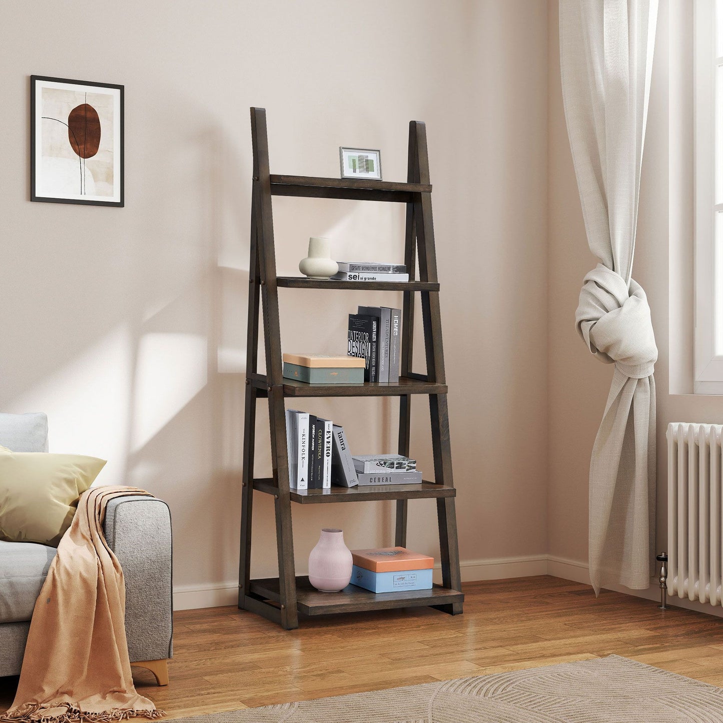 5-Tier Shelves,Bookshelf, Storage Rack, Bookcase with Rubber Wood Frame, Ladder Shelf for Living Room, Home Office, Kitchen, Bedroom, Apartment ,Rustic Brown