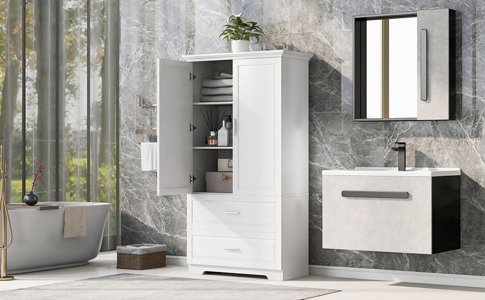 Tall Bathroom Storage Cabinet, Cabinet with Two Doors and Drawers, Adjustable Shelf, MDF Board, White