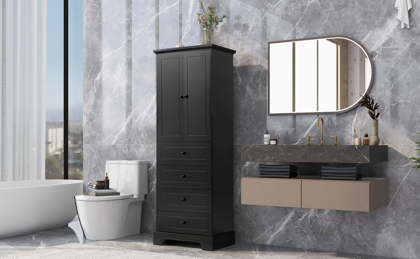 Storage Cabinet with 2 Doors and 4 Drawers for Bathroom, Office, Adjustable Shelf, MDF Board with Painted Finish, Black