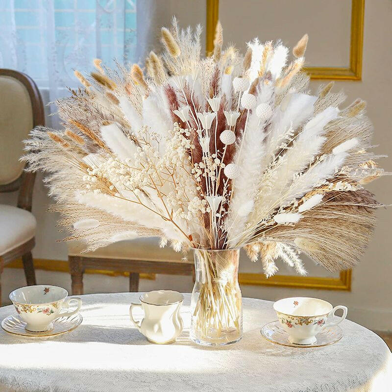 109pcs Natural Dried Pampa Grass Bouquet Large Phragmites Dried Flower Boho Home Decor Bouquet Room Holiday Wedding Party Decor.