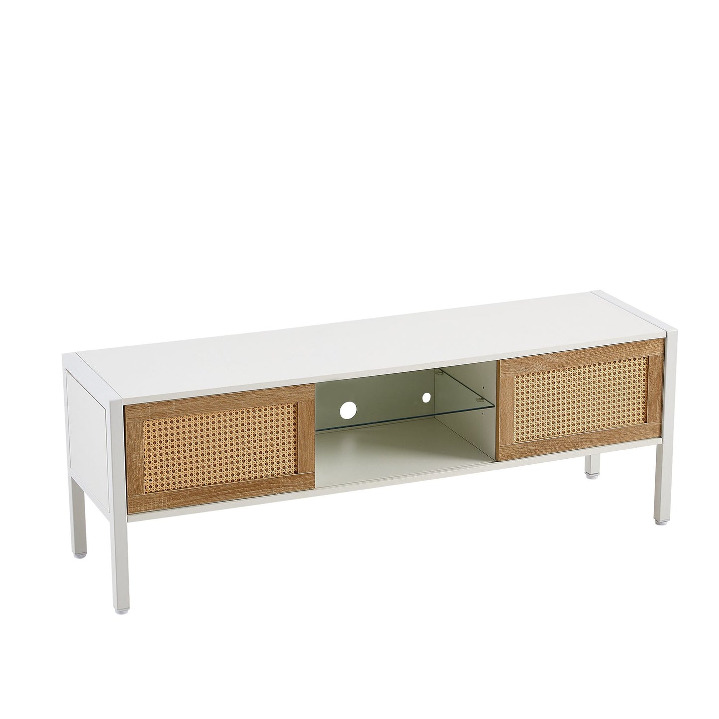 54.33" Rattan TV cabinet with variable color light strip, double sliding doors for storage, adjustable shelf,white