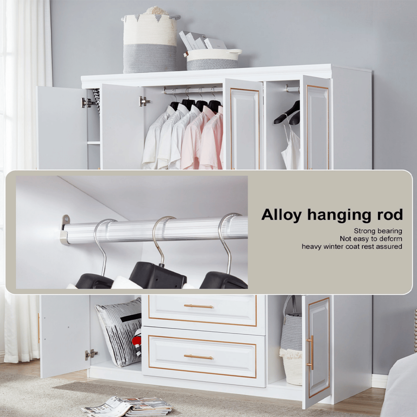 Armoire Wardrobe Closet, 4-Door 2 Wooden Drawers Tall Cabinet Luxury Style Closet Wardrobe, White Closet Cabinet with 2 Shelves Hanging Rod