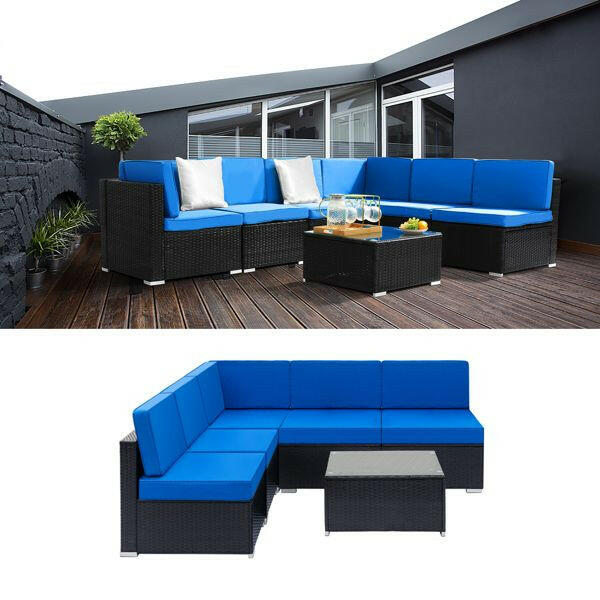 Fully Equipped Weaving Rattan Sofa Set with 2pcs Middle Sofas & 4pcs Single Sofas & 1 pc Coffee Table Black Embossed - Woven Rattan.