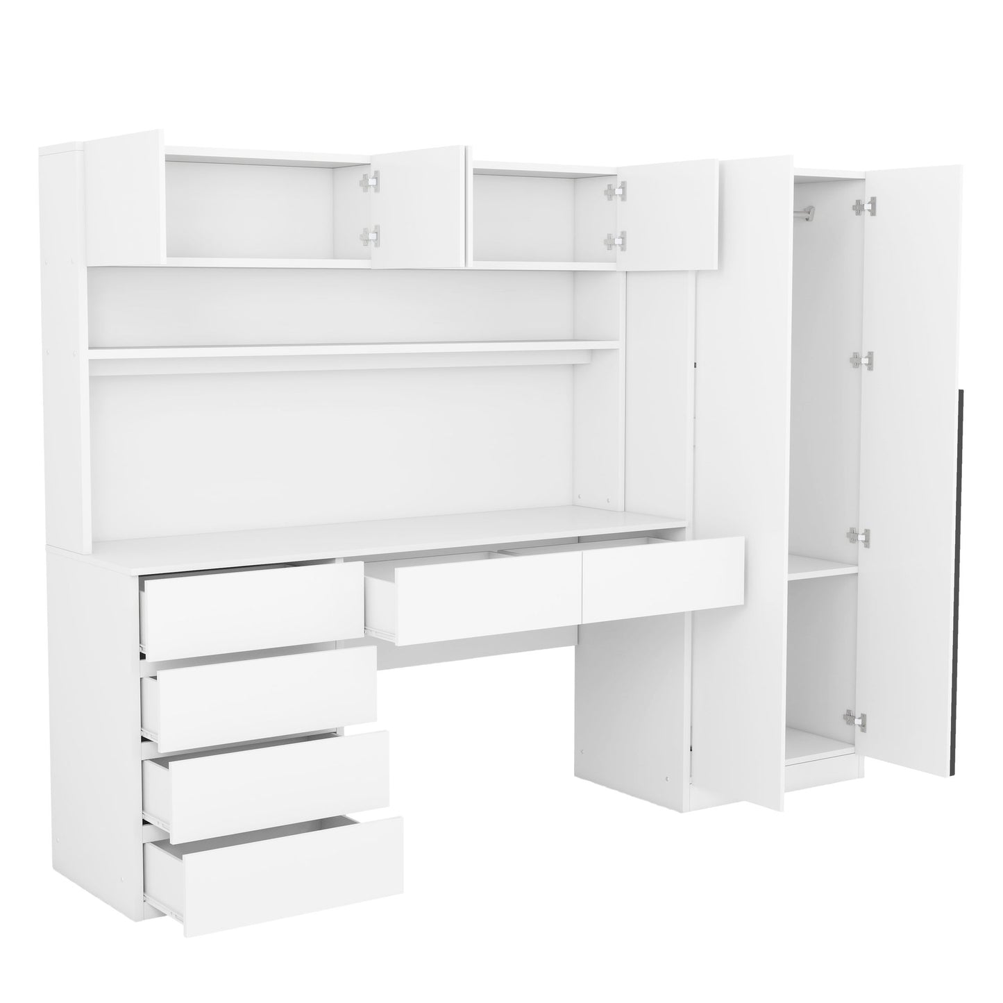 2 Door Wooden Storage Desk Wardrobe with Shelves and Drawers, White