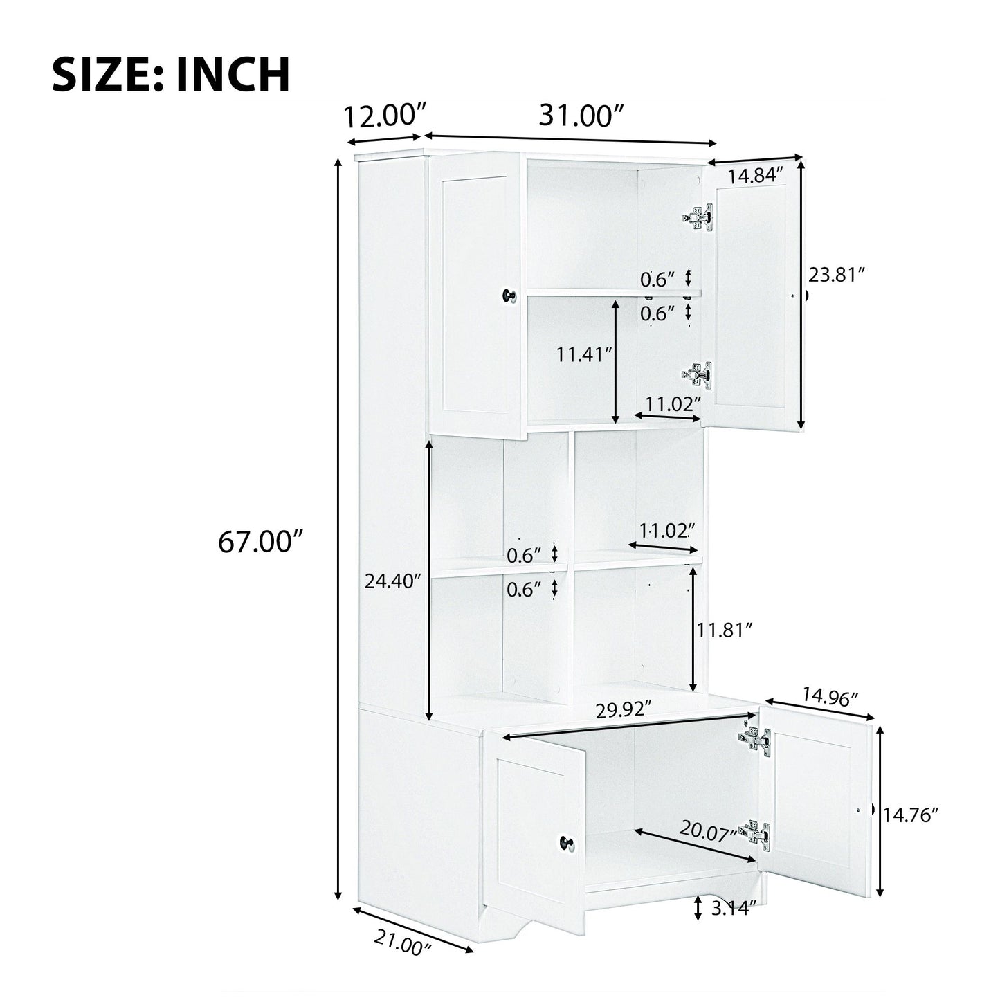 Bathroom Freestanding Cabinet with 4 Doors, Open multi-layer Shelves, Black