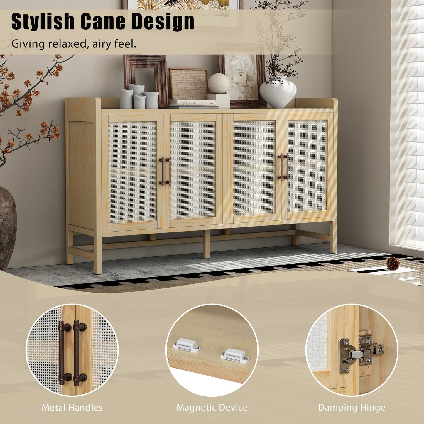 Rustic Sideboard with Decorative Rattan Doors and Adjustable Shelves for Entryway,Dining Room,or Living Room