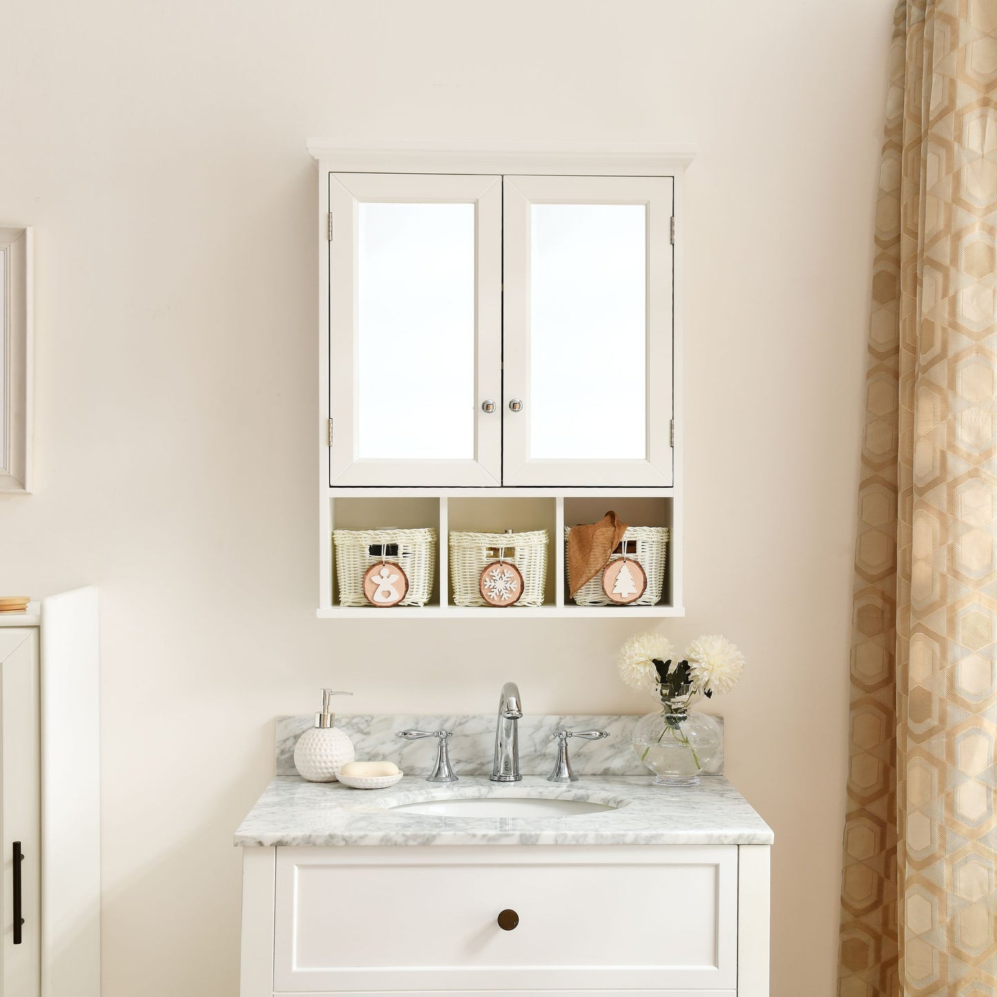 Bathroom Storage Cabinet with Mirror, 2 Doors 2 Adjustable Shelf + 3 Christmas Style Storage Basket, White Wood