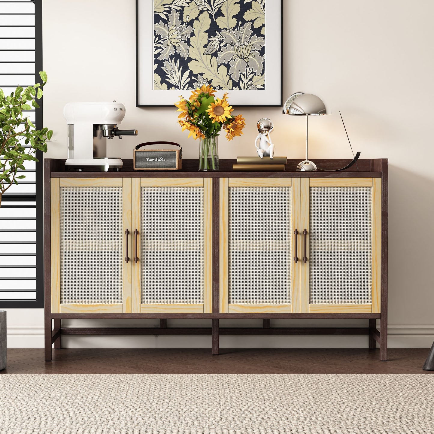 Rustic Sideboard with Decorative Rattan Doors and Adjustable Shelves for Entryway,Dining Room,or Living Room