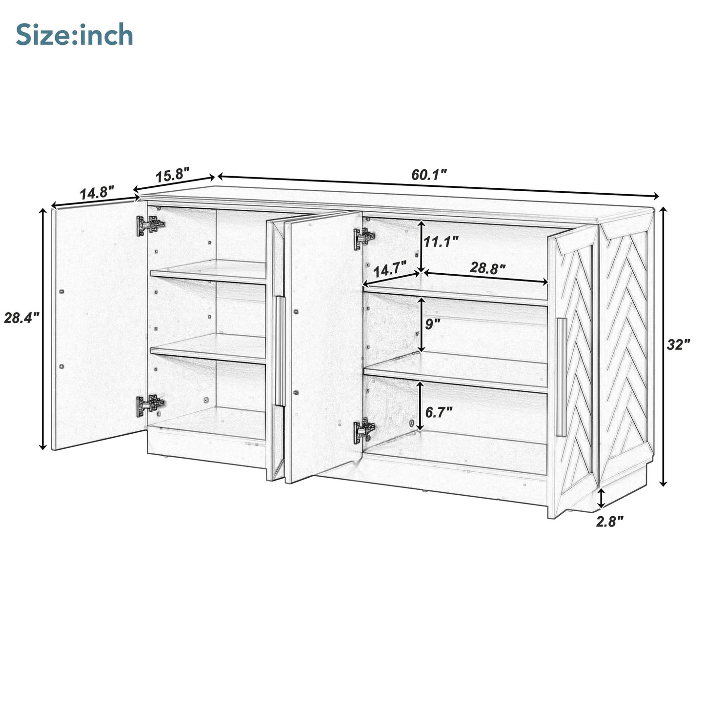 TREXM Sideboard 4 Door Storage Buffet Cabinet with Adjustable Shelves for Kitchen, Dining Room, Living Room (White)