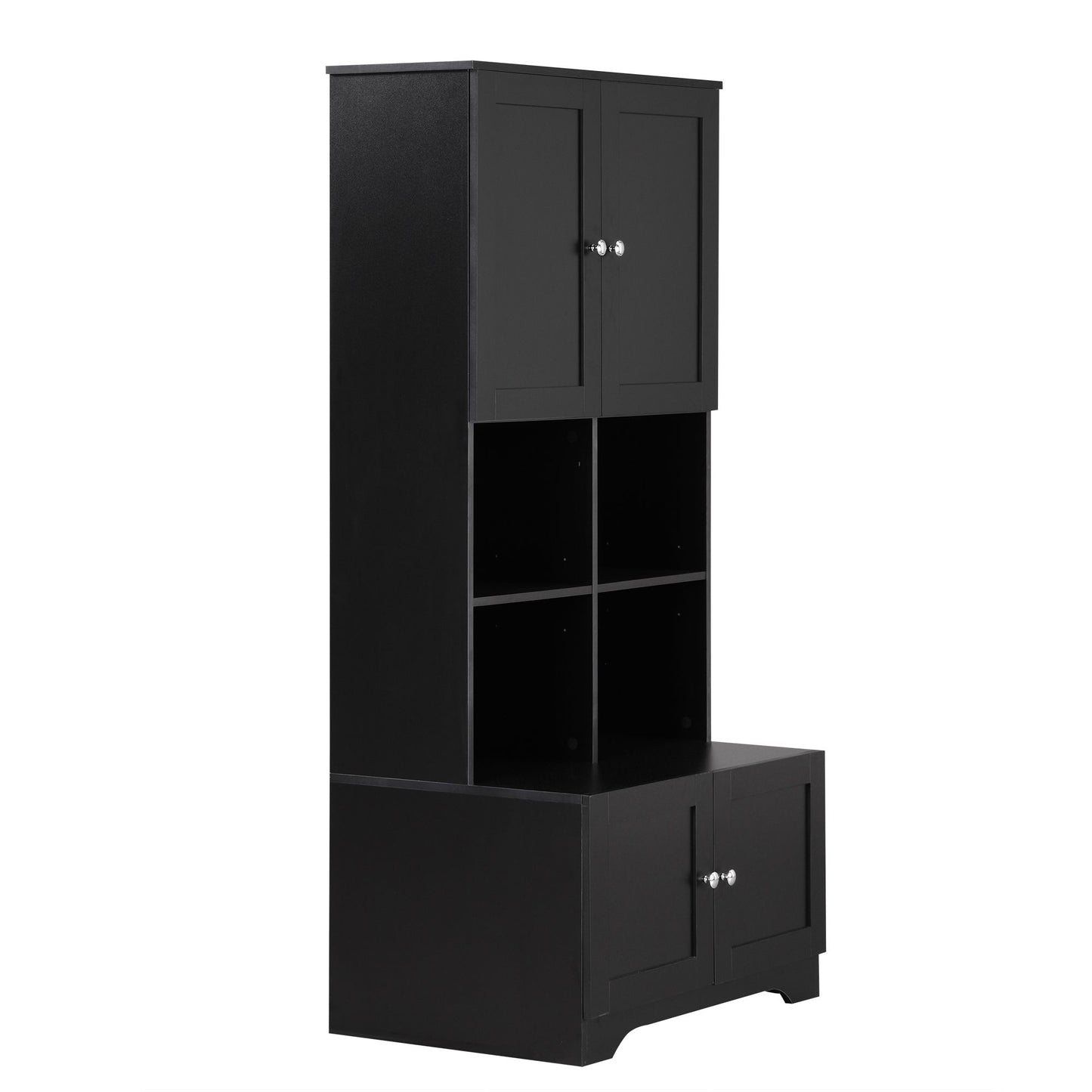 Bathroom Freestanding Cabinet with 4 Doors, Open multi-layer Shelves, Black