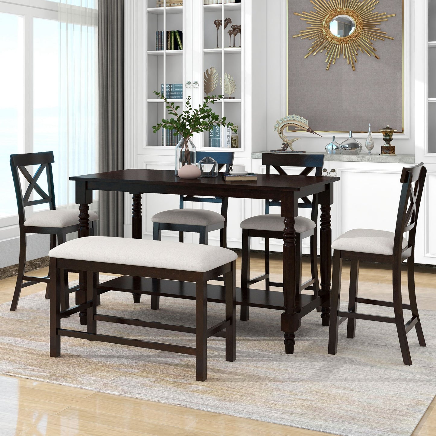 6-Piece Counter Height Dining Table Set Table with Shelf 4 Chairs and Bench for Dining Room