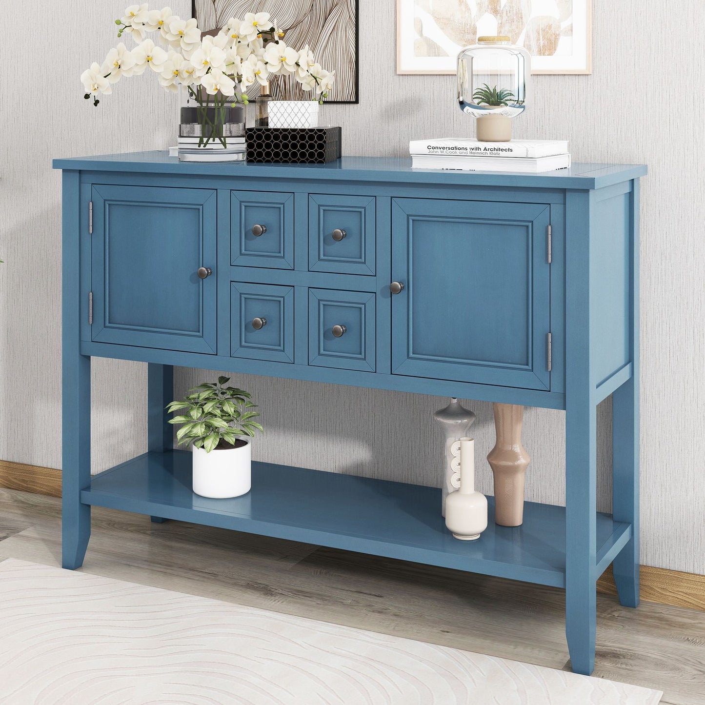 TREXM Cambridge Series Ample Storage Vintage Console Table with Four Small Drawers and Bottom Shelf for Living Rooms, Entrances and Kitchens (Light Navy, OLD SKU: WF190263AAH)