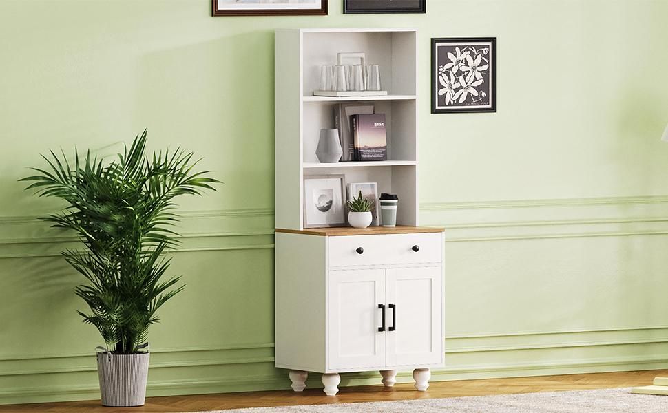 ON-TREND Farmhouse Storage Cabinet with 4 Solid Wood Gourd-Shaped Legs, Modern Kitchen Pantry Cabinet with Adjustable Shelves, 5 Tier Bookshelf with Drawer for Living Room, White