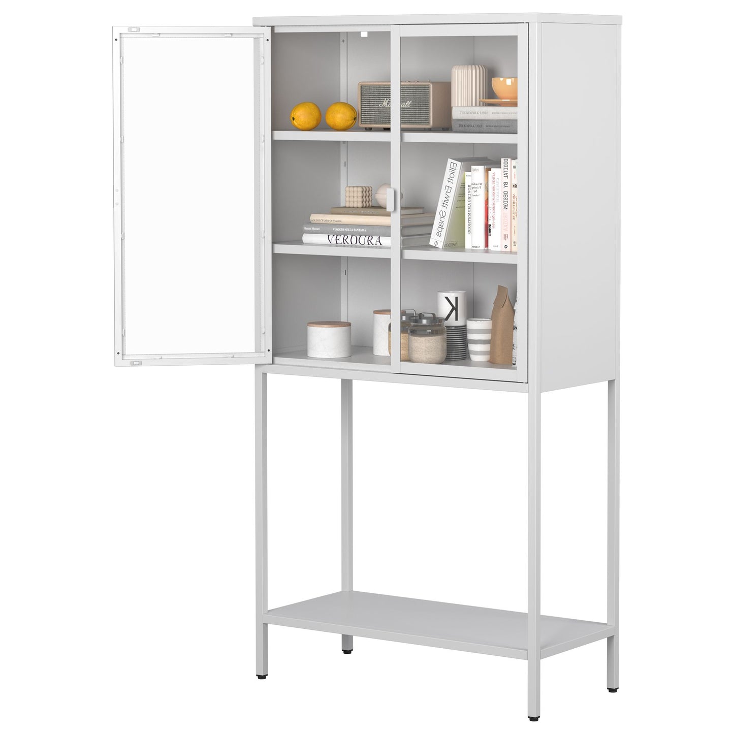 59"H Heavy Duty Metal Storage Cabinet, Display Storage Cabinet with Glass Doors and 2 Adjustable Shelves, Tall Bookcase Modern Bookshelf Cabinet for Home Office, Living Room, Pantry