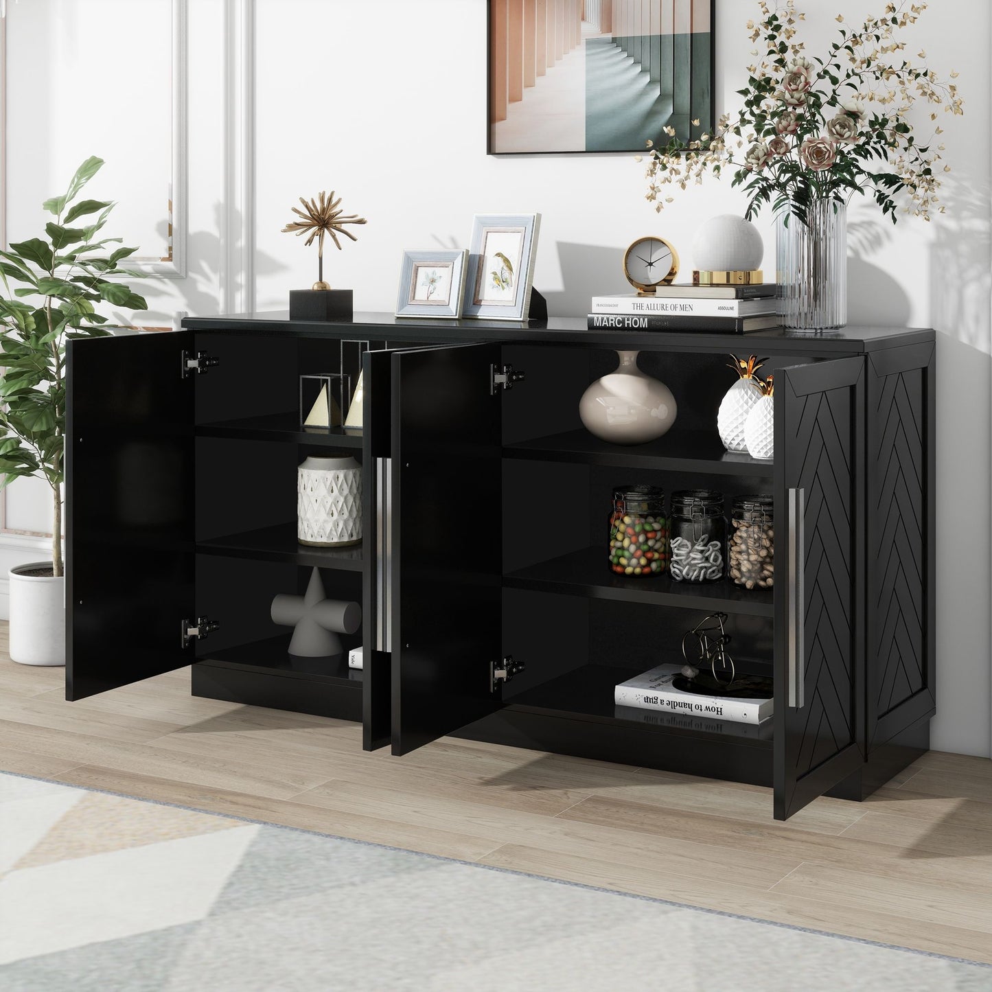 TREXM Sideboard 4 Doors Storage Buffet Cabinet with Adjustable Shelves and Silver Handles, Black