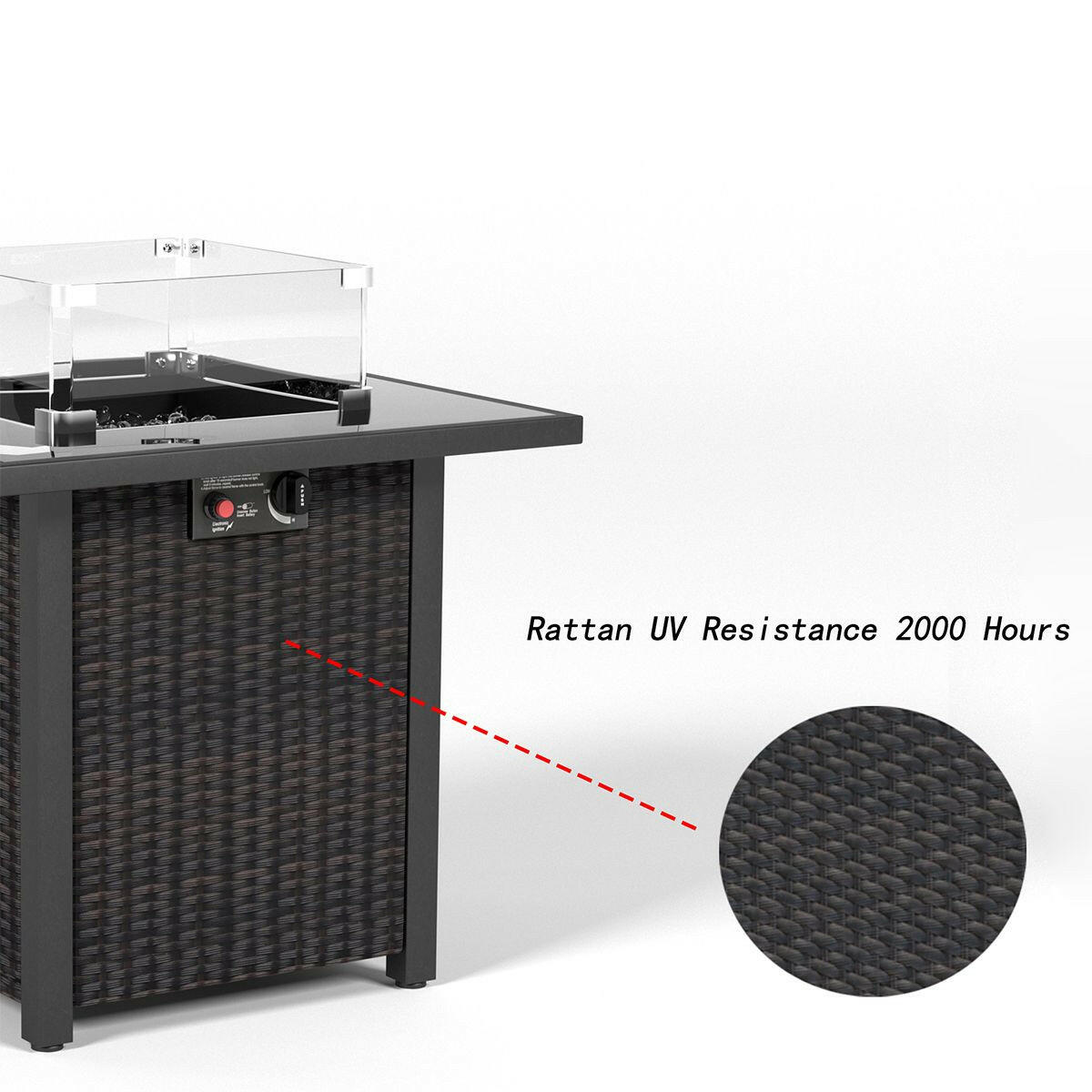 28 Inch Propane Fire Pit Table, Rattan & Wicker-Look, 50000 BTU Gas Firepits Tempered Glass Tabletop with Glass Windscreen Protector for Outside Patio and Garden(Brown).