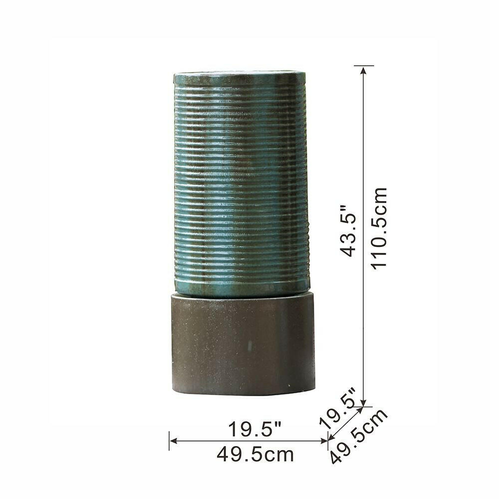 19.5x19.5x43.5" Large Concrete Cylinder Green & Brown Ribbed Water Fountain, Outdoor Bird Feeder / Bath Fountain, Modern Industrial Style.