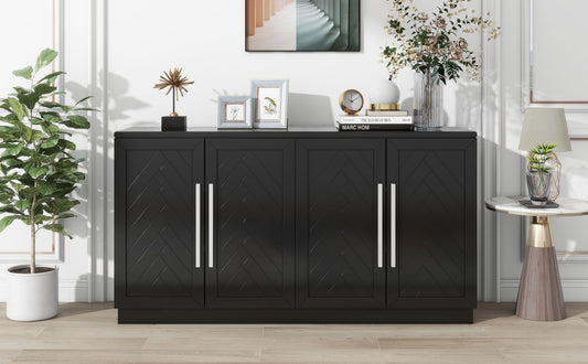 TREXM Sideboard 4 Doors Storage Buffet Cabinet with Adjustable Shelves and Silver Handles, Black