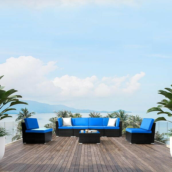 Fully Equipped Weaving Rattan Sofa Set with 2pcs Middle Sofas & 4pcs Single Sofas & 1 pc Coffee Table Black Embossed - Woven Rattan.