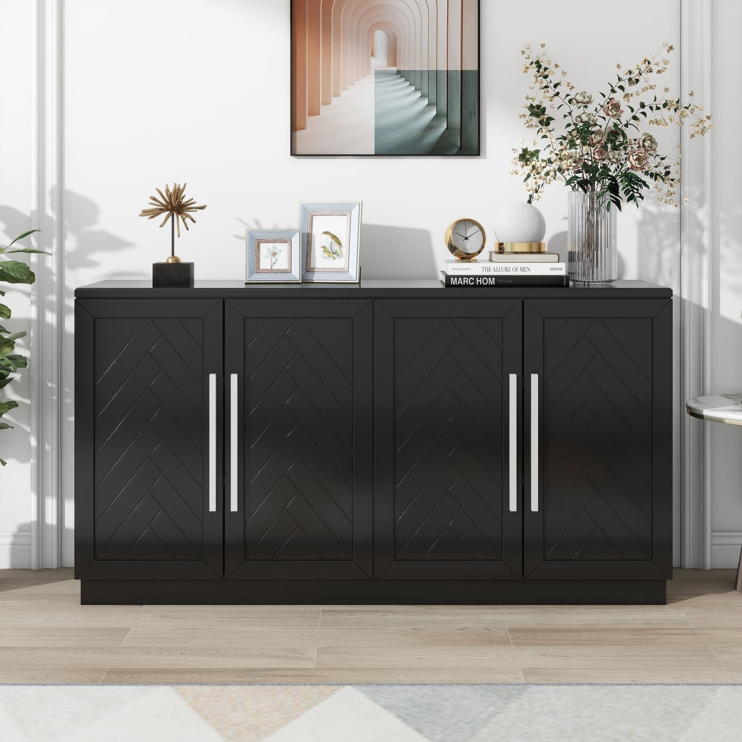 TREXM Sideboard 4 Doors Storage Buffet Cabinet with Adjustable Shelves and Silver Handles, Black