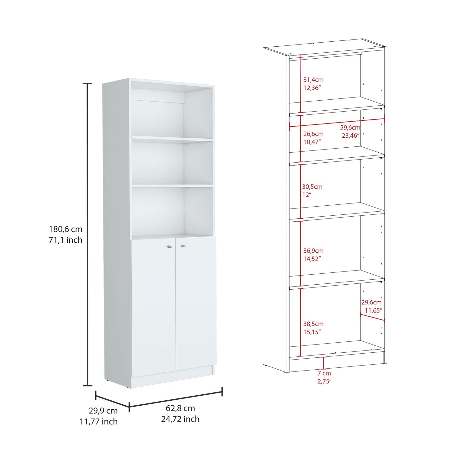 3 Piece Home Bookcase set, 74" Wide with 10 Shelves and Two Double-Door Cabinet , Living Room Set White