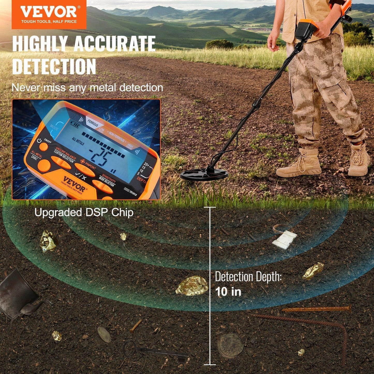 VEVOR Metal Detector for Adults & Kids, 10 Inch Waterproof Search Coil with LCD Display 7 Modes, Adjustable 41''-52'' Aluminum Stem, DSP Chip Higher Accuracy Gold Detector 10'' Detection Depth.