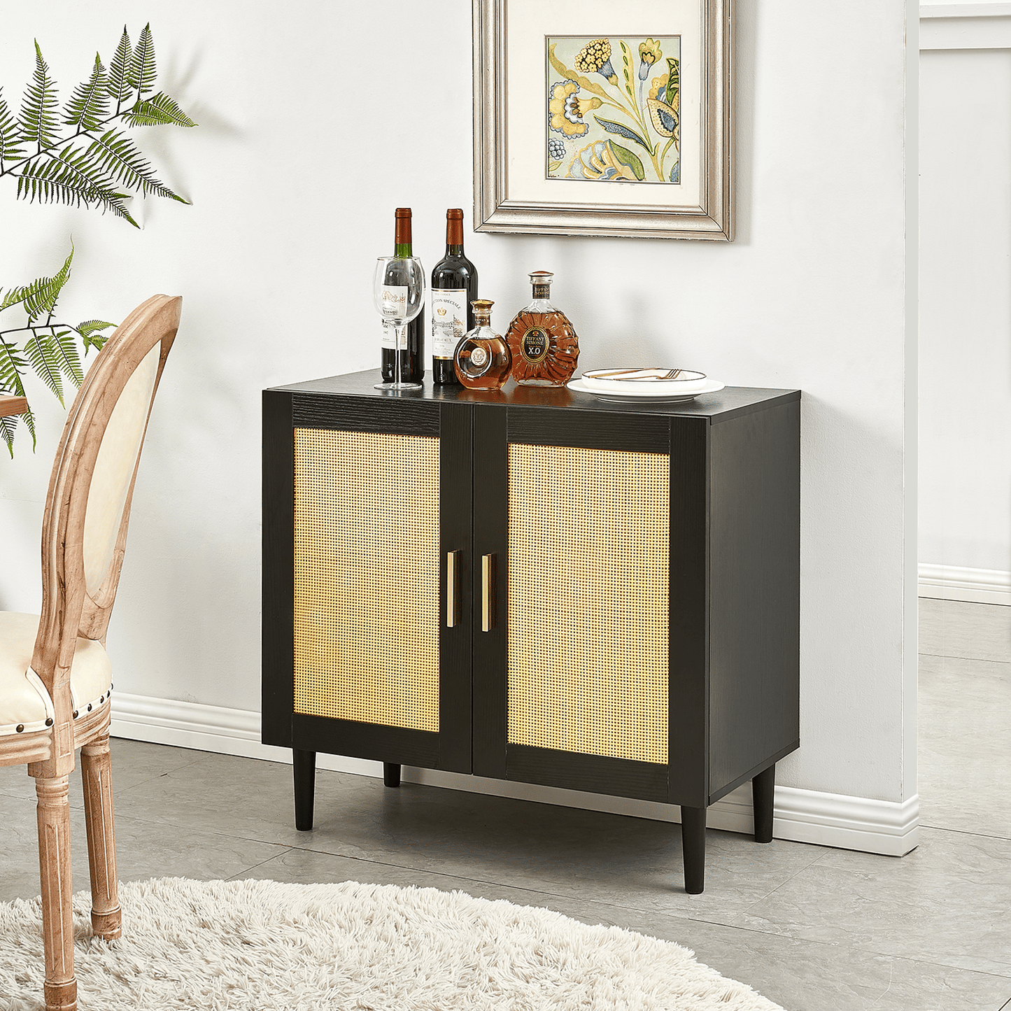 Rattan Side panel buffet cabinet with adjustable shelves, modern console for home