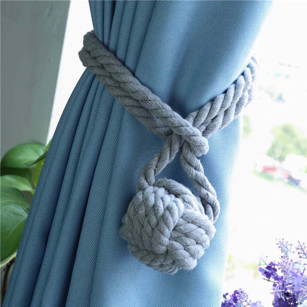 2 Pcs Decorative Tassel Buckle Cord Drapery Tie Backs Knitting Knot Cotton Rope Curtain Tiebacks, Grey