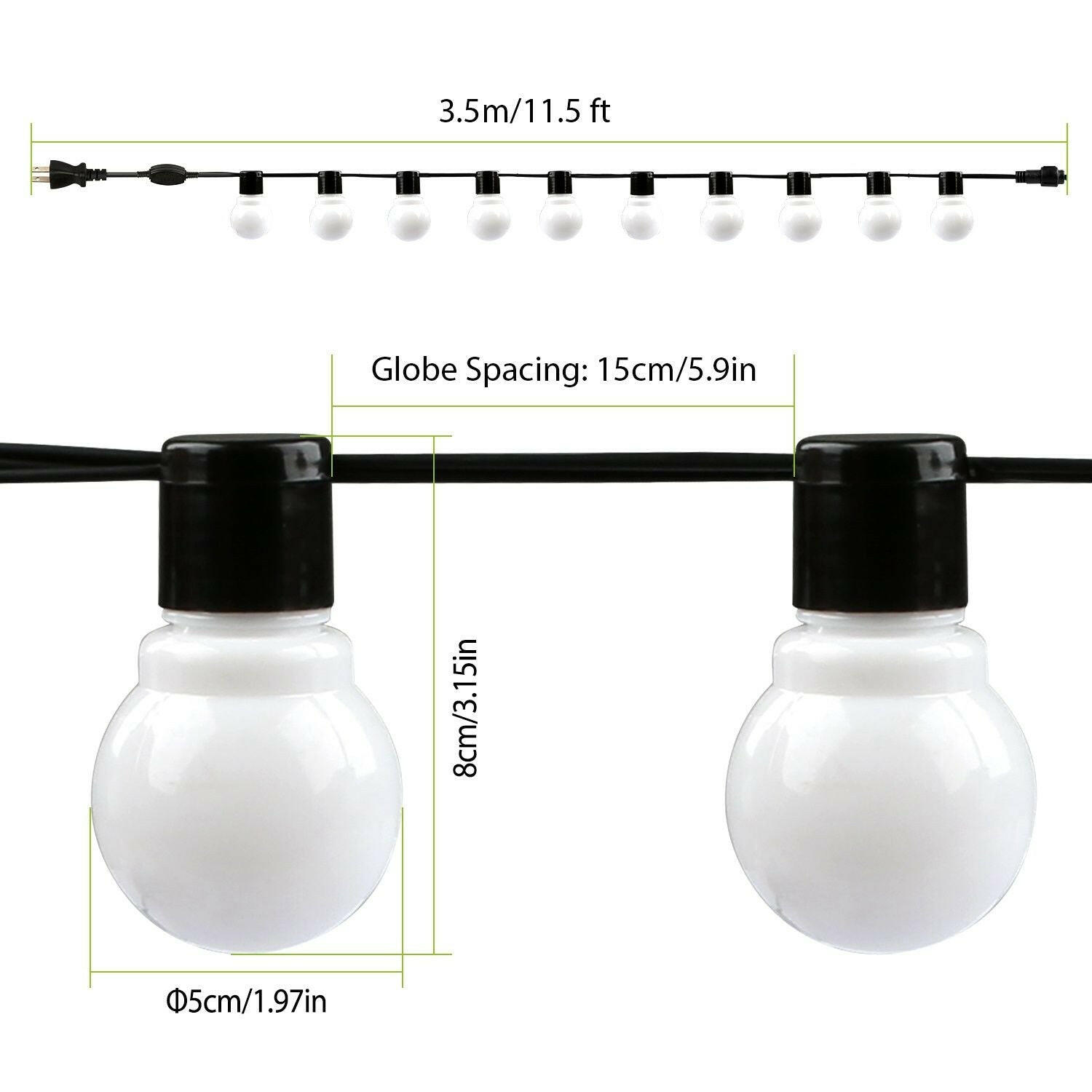 Plug-in Globe String Light Warm White Fairy Light Bulbs Outdoor Water Resistant.