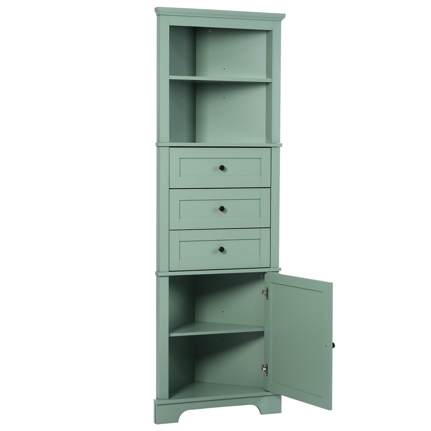 Green Triangle Tall Cabinet with 3 Drawers and Adjustable Shelves for Bathroom, Kitchen or Living Room, MDF Board with Painted Finish