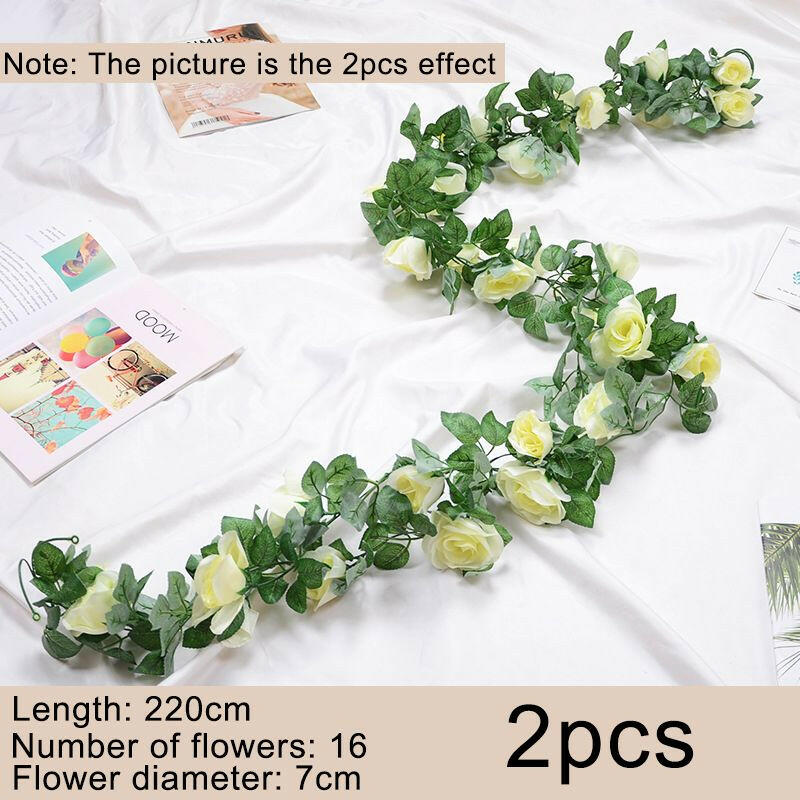 2pcs Fake Rose Vine Flowers Garland Plant Artificial Flower Wall Hanging Flower Rattan Fake Plant Leaf Wedding Home Garden Decor.