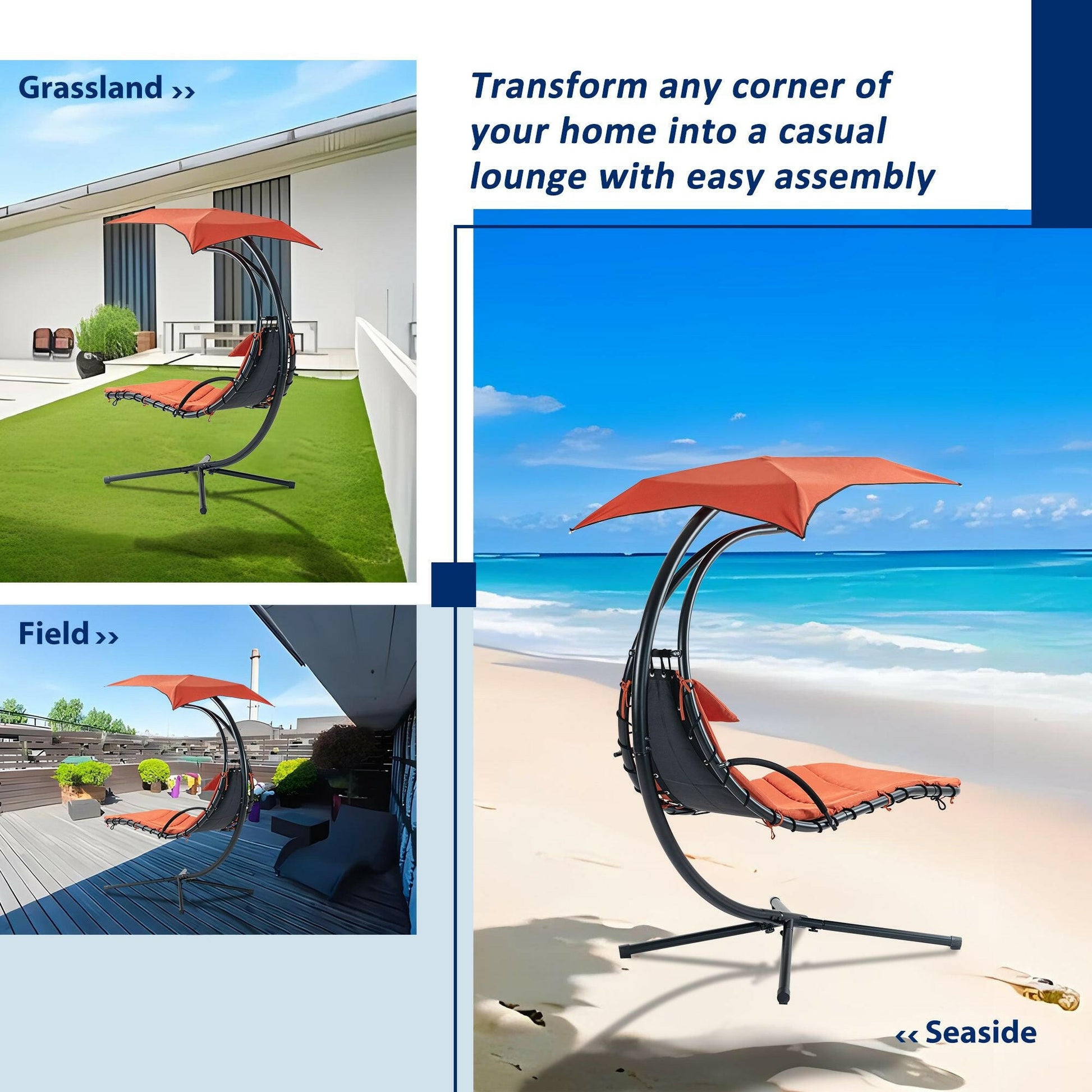 Hanging Chaise Lounger with Removable Canopy, Outdoor Swing Chair with Built-in Pillow, Hanging Curved Chaise Lounge Chair Swing for Patio Porch Poolside, Hammock Chair with Stand (Orange).