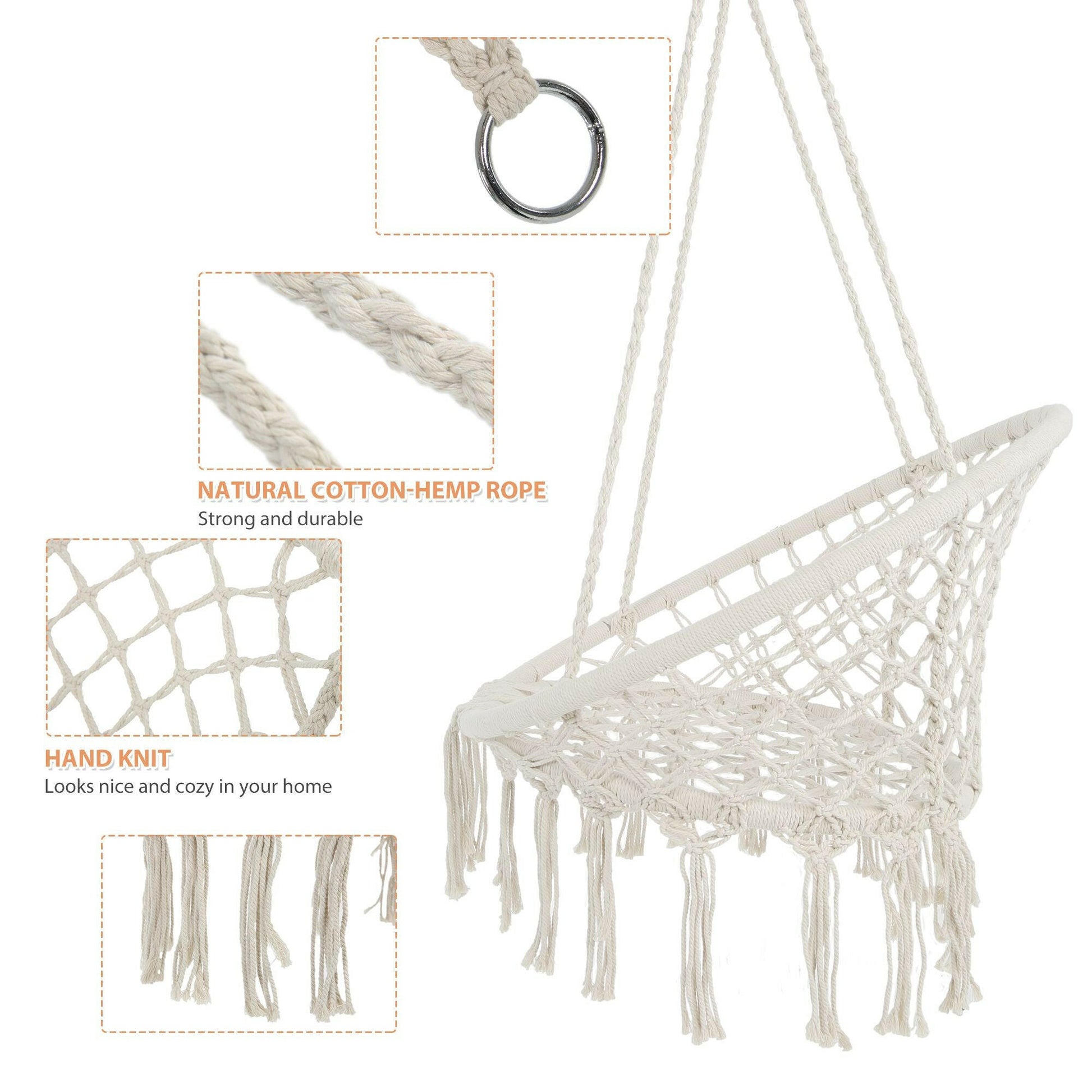 Hammock Chair Macrame Swing Max 330 Lbs Hanging Cotton Rope Hammock Swing Chair for Indoor and Outdoor.