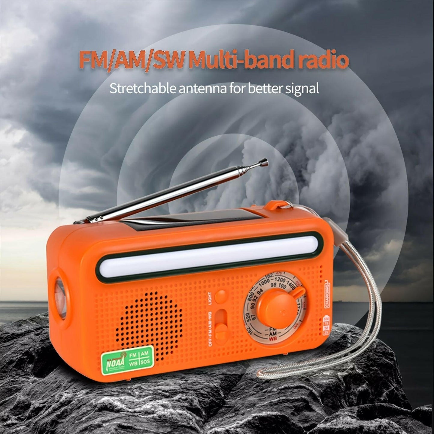 Emergency Radio Hand Crank Solar; Portable Weather Radio With AM/FM/WB/NOAA; Bright Flashlight; SOS Alarm; Reading Lamp; 2000mAh Cell Phone Charger For Outdoor Survival Camping Home