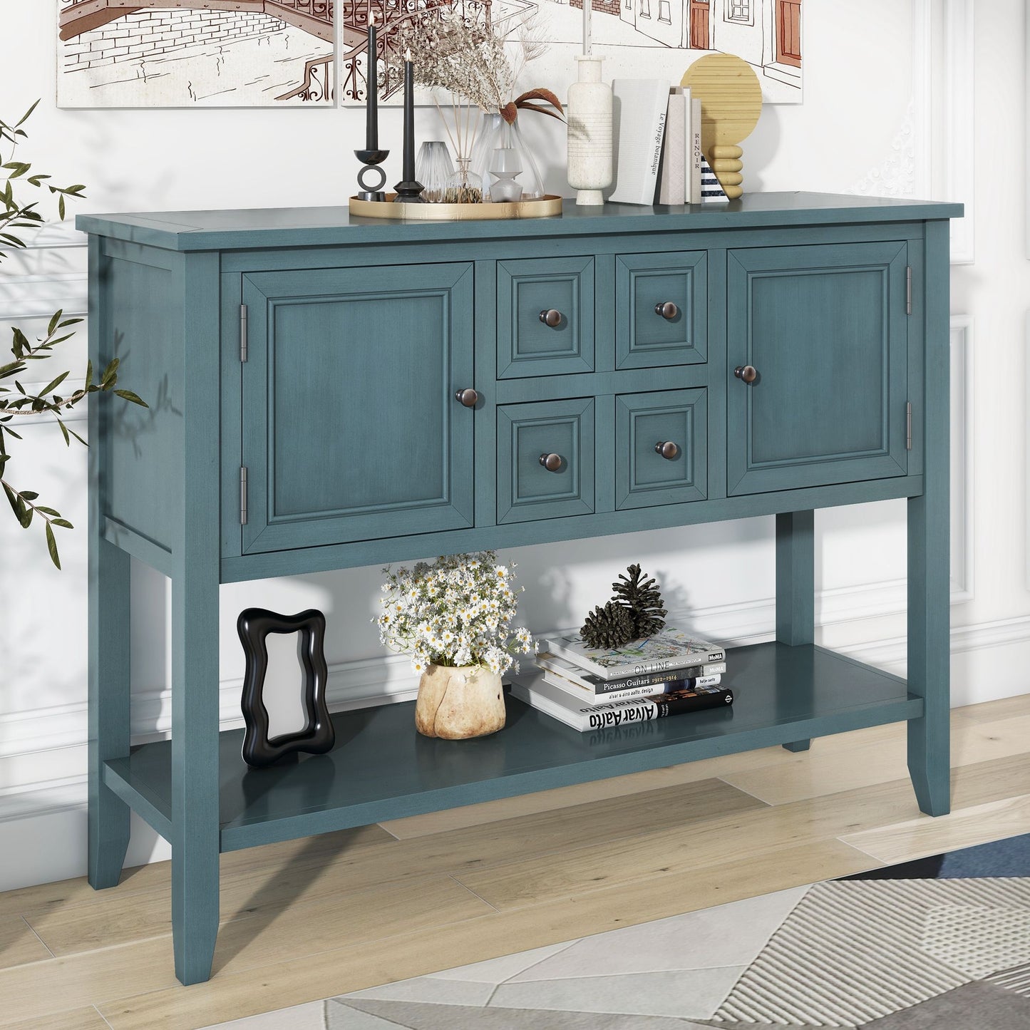 TREXM Cambridge Series Ample Storage Vintage Console Table with Four Small Drawers and Bottom Shelf for Living Spaces (Dark Blue)